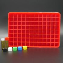 96 Braunglasröhrchen 2 ml im Ablagekasten aus Polypropylen mit Kunststoff-Schraubverschluß, gelb