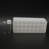 24 Weißglasröhrchen 5 ml im Ablagekasten aus Polypropylen mit Alu-Schraubverschluß - 9005-A0-PP